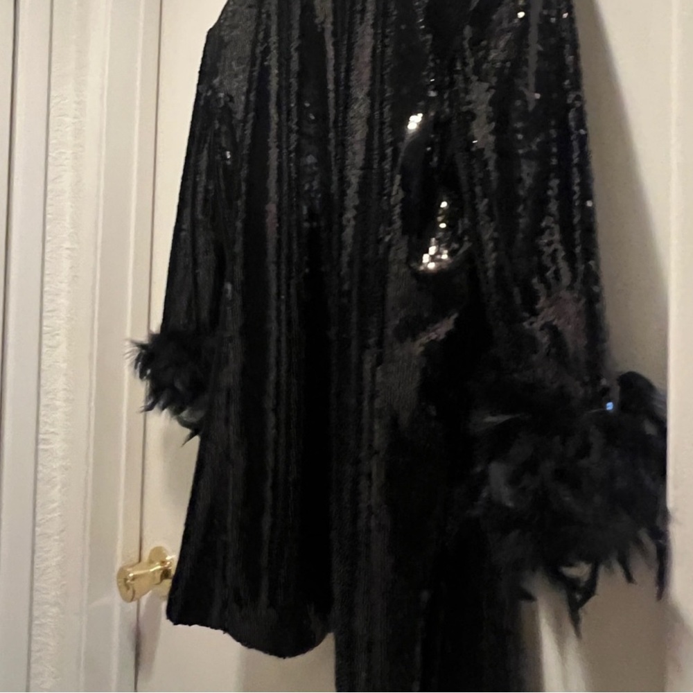 River Island Shimmering Black Sequin Blazer with Feather Cuffs - Picture 4 of 7